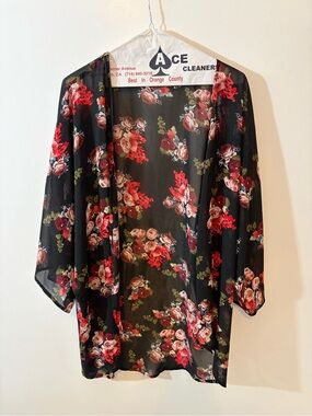 Sheer Floral Kimono Cardigan - Black with Red Rose Print
